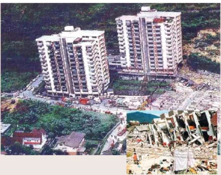 Figure 3: The debris flow hit the pile foundation of Highland Tower landslide caused 2 blocks of tower to  collapse [2]