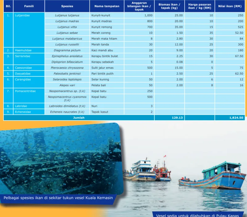 Jadual 2: Biodiversiti dan Biomas Ikan di Tapak Tukun Pulau Kapas