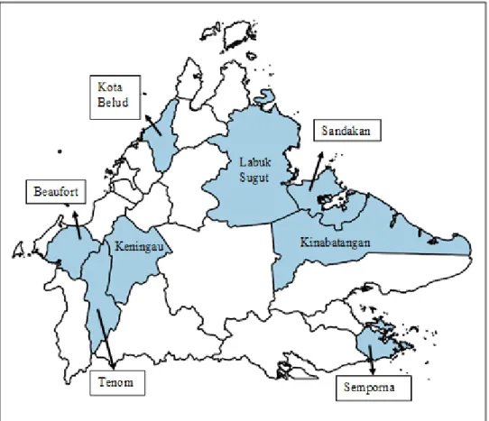 Figure 1. Highlighted area indicates the distribution of Sterculia cordata var. montana in  Sabah