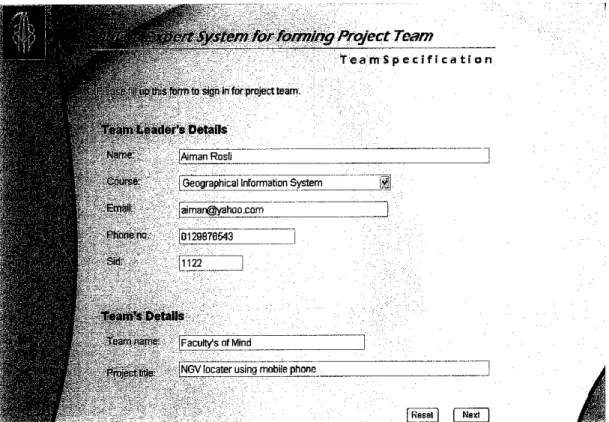 Figure 4.7: Screen shot of team specification page for team leader's details