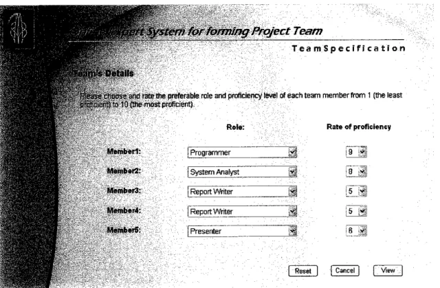 Figure 4.8: Screen shot of team specification page for preferable team members' role and rate of proficiency