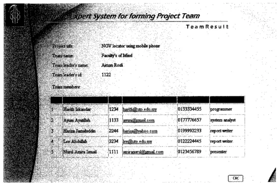 Figure 4.11: Screen shot of team result page showing the project team details after team specification by the leader