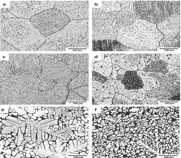 Figure 6: Optical micrographs a) pure mg b) Mg-0.5Ca c) Mg-1.25Ca d) Mg-2.5Ca  e) Mg-5Ca f) Mg-10Ca (He et al., 2011) 