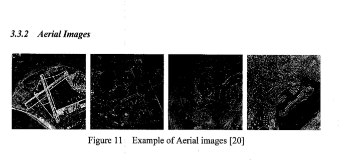 Figure 11 illustrates four samples of aerial type images. Aerial can be defined as in or belonging to the air or operating (for or by means of aircraft or elevated cables) in the air; "aerial particles"; "small aerial creatures such as butterfl