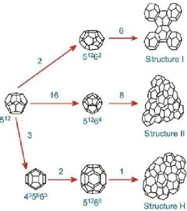 Figure 1.1.3: Illustration of the three different gas hydrate cage structure; within each cage  one gas molecules can be held [adapted from Beatrice Castellani (2012)]