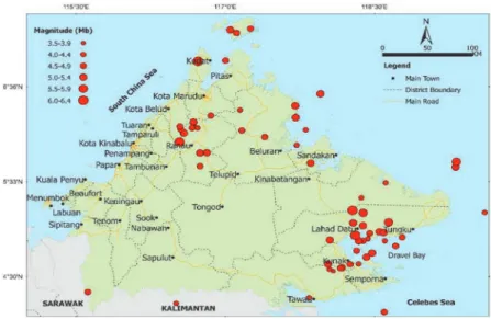 Figure 22 Earthquake distribution in Sabah (1900 – 2018)  extracted from the USGS database