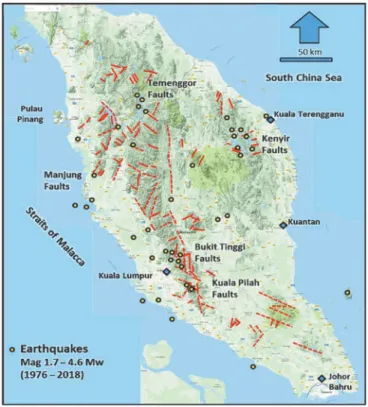 Figure 30 Potential active faults (red lines) in Peninsular Malaysia. The potential  active faults trending NW-SE, N-S and NNE-SSW are possibly reactivated ancient  faults (modified from Ismail et al., 2015)