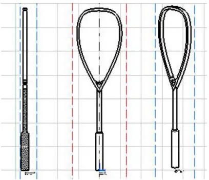 Figure 4.3: the side view, front view and isometric view of squash racket frame 