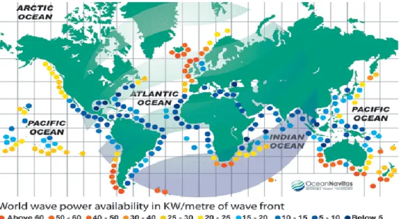 FIGURE 2. World Wave Power Availability in kW/m of Wave front [5] 