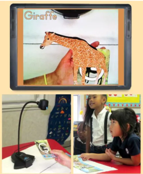 Figure 4:   A kindergartener interacting with a virtual 3D giraffe  from the new Letters alive™ reading curriculum
