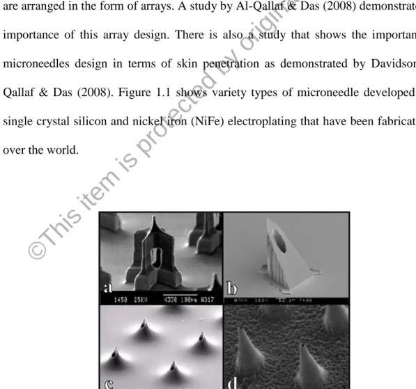 Figure 1.1: Microneedles developed from single crystal silicon reported by: a) (Griss &amp; 