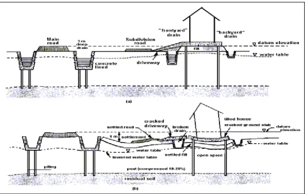 Figure 1 :  (a) Typical section of a housing estate on peat (immediately after completion of construction)  