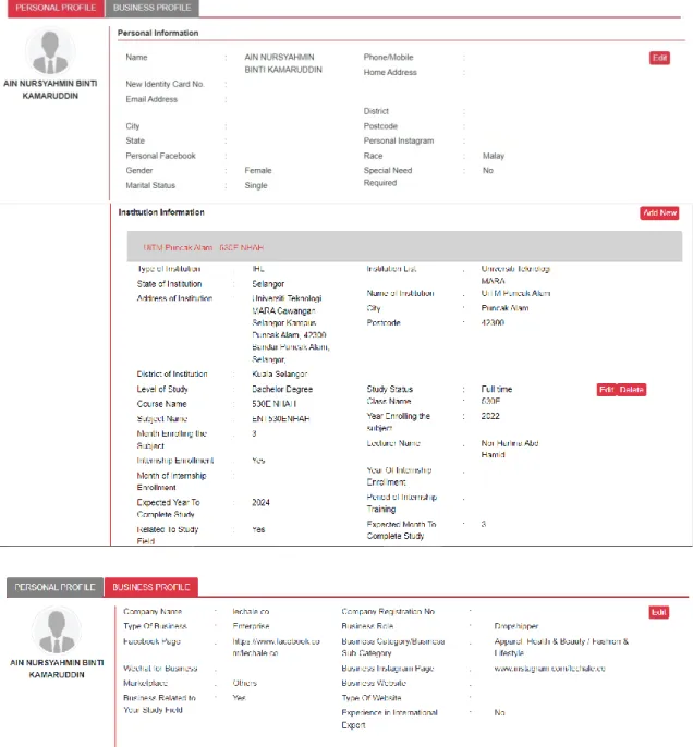 Figure 1: Ain Nursyahmin's Personal and Business Profile 