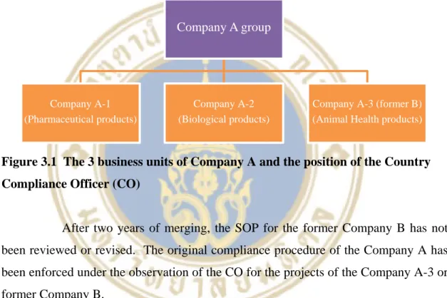 Figure 3.1  The 3 business units of Company A and the position of the Country  Compliance Officer (CO) 