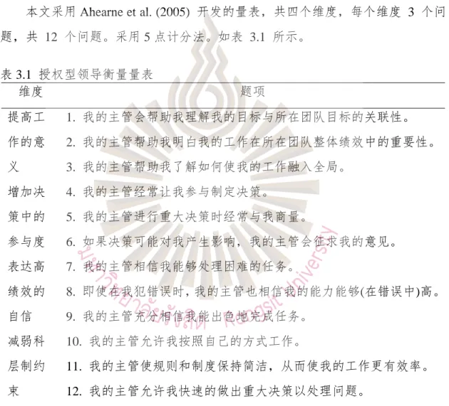 表 3.1  授权型领导衡量量表 