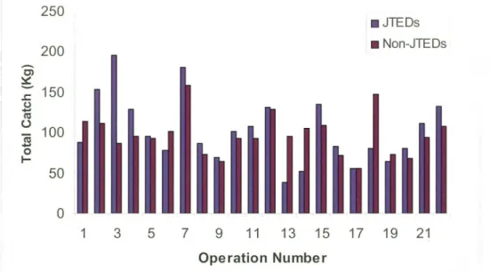 Figure 4. The total catches in the cod-end of trawl net from 22 operations