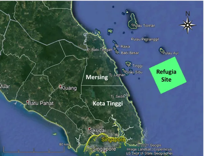 Figure  2:  Map  showing  the  location  of  the  spiny  lobster  refugia  site  (green  box),  covering  an  area  of  approximately  1400  km 2   at  East  Johor,  Peninsular  Malaysia 