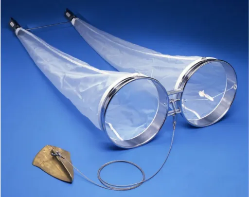 Figure 7: A 60 cm diameter Bongo net with depressor and attached flowmeter 