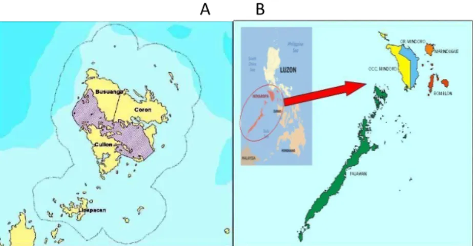 Figure 1. A. Map of the Calamianes Group of Islands, B. Map of the MIMAROPA Region  History   