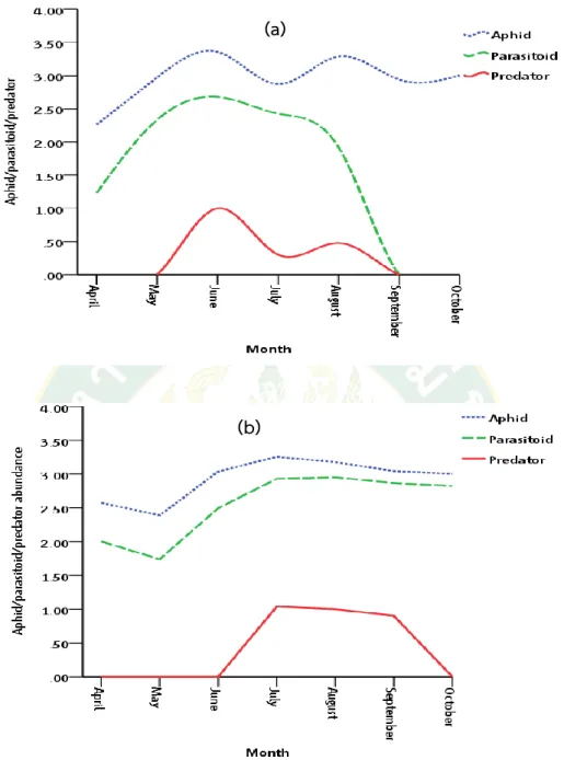 Figure 11 Mean monthly abundance of aphid, parasitoid and predators compared a)  Hongtsho-2, and b) Kausumche-3, over apple season in two orchards 