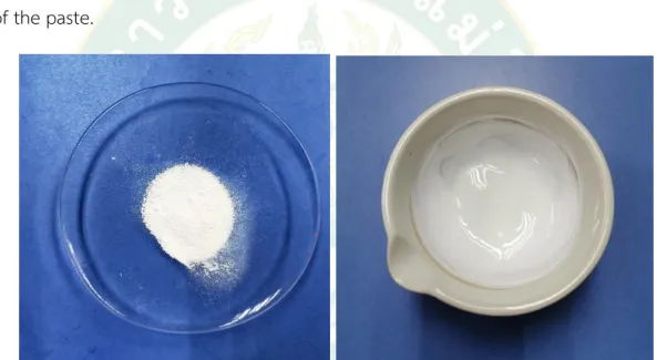 Figure  27 Preparation of TiO 2  paste: TiO 2  nanoparticles powder (left)  and  mixture  of TiO 2  powder and 5% acetic acid (right) 