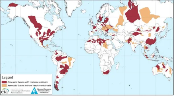 Figure 1.1 Global distribution of shale resources (EIA/ARI, 2013) 