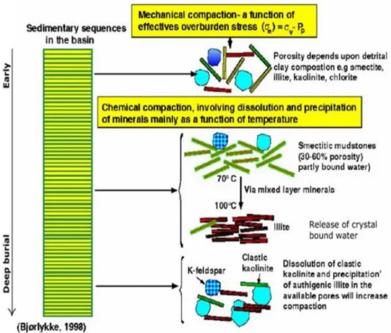 Figure 2.4 Schematic explanation of mechanical and chemical compaction of sediment,  with increasing burial depth (Bjorlykke, 1998 and Ndingwan, 2011)
