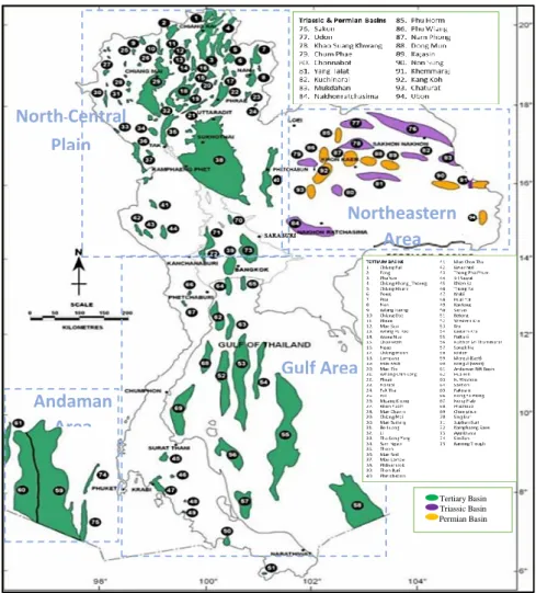 Figure 2.7   Map of basin in Thailand based on their Geological Time (period) at several  regions of Thailand (Sources: Department of Mineral Fuel of Thailand) 
