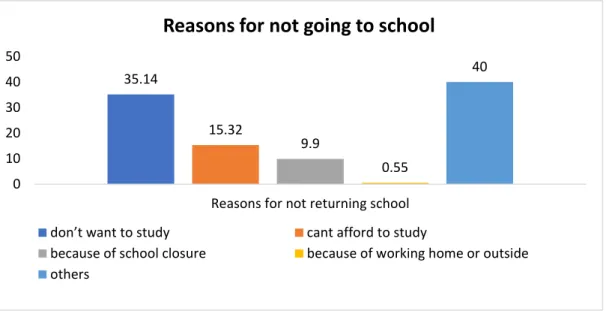 Figure 6.2.3: Adolescents’ reasons for not going to school after COVID-19, in percentage (N=111)  Those who did not go to school after COVID-19 were asked why they dropped out