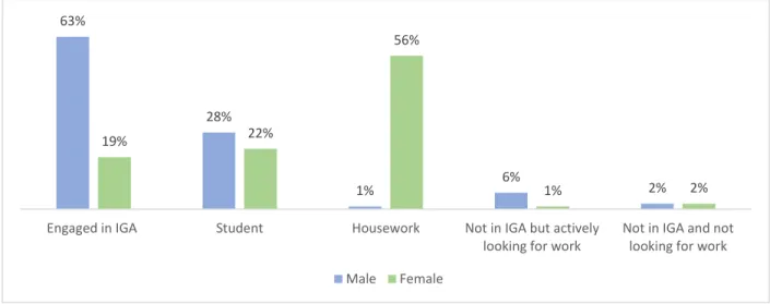 Figure 5 shows a gendered distribution of youth’s occupational status. Forty-two per cent of the youths  were engaged in IGA in February 2020; however, a greater proportion of young men (63%) were  engaged in IGA, compared to only 19% of the young women (F