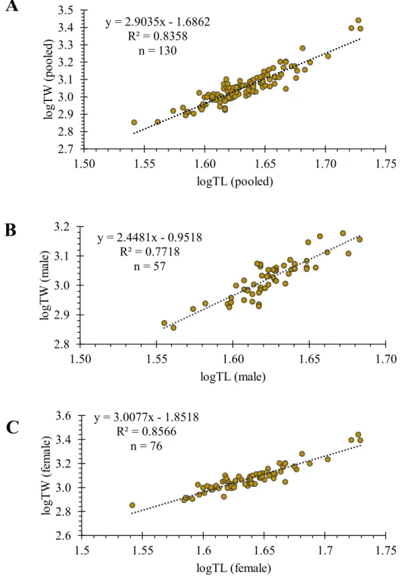 Figure 1: Logarithmic relationship between the total length and weight of L. calbasu of  pooled data (A), male (B), female (C) (n = 130 for the pooled group, n = 57 for male  and,  n  =  76  for  female)  collected  from  the  Kaptai  lake,  Bangladesh
