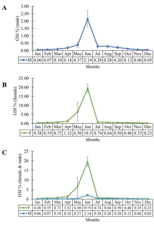 Figure  4:  Gonado-somatic  index  (GSI)  of  L.  calbasu  collected  monthly  (November  2020 to  October 2021) from the Kaptai lake, Bangladesh, for male (A), female (B),  female-male both (C)