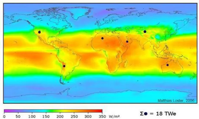 Figure 2.2: Average Insulation showing land area. Insulation for most people is from 150 to  300 W/m² or 3.5 to 7.0 kWh/m²/day