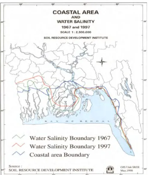 Figure 2.2: Water salinity map of Bangladesh (Source: SRDI, 1998a) 