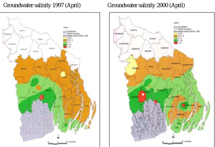 Figure 2.3: Spatial distribution of ground water salinity using SRDI data for April 1997  and April 2000 (Source: Sarker, 2005) 