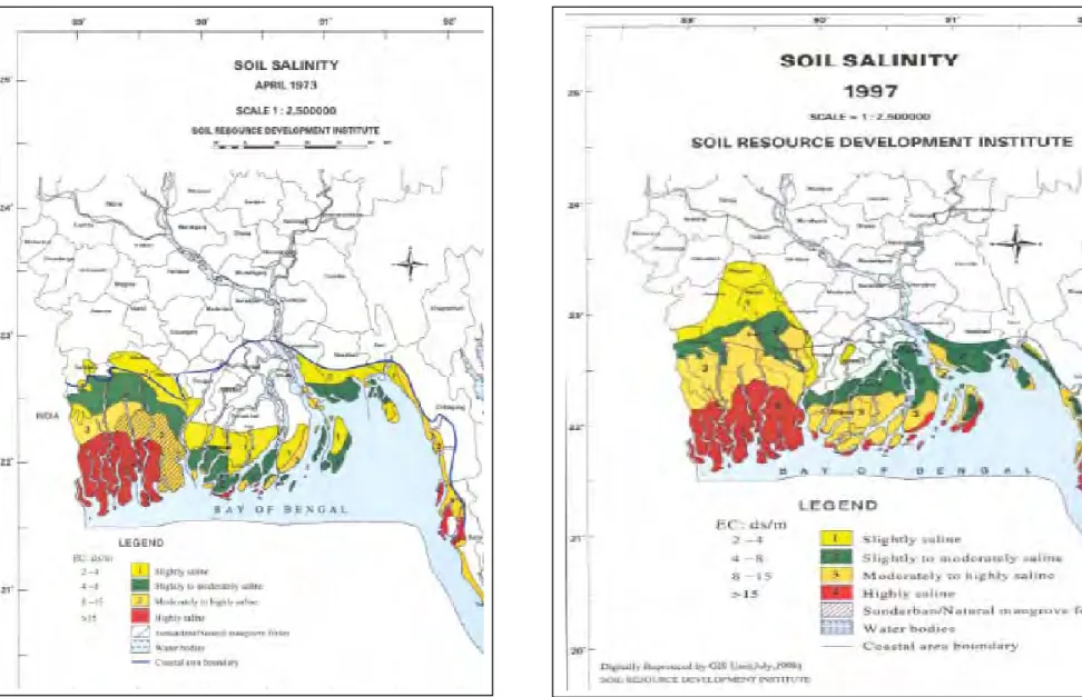 Figure 2.4: Soil salinity map of Bangladesh of the years 1973 and 1997 (Source: SRDI, 1998b, 1998c)