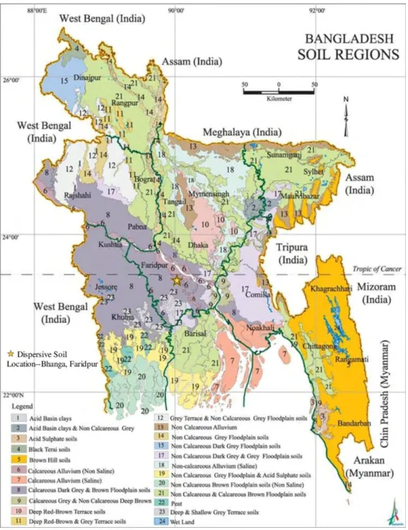 Figure 2.1:  Soil Map of Bangladesh Focused on Dispersive Soils (Source: 