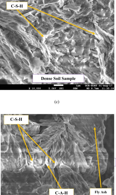 Figure 4.24:  SEM  images  of  soil  samples:  (a)  untreated  soil  sample,  (b)  treated  soil  sample with 3% fly ash, (c) treated soil sample with 6% fly ash, (d) treated  soil sample with 9% fly ash   