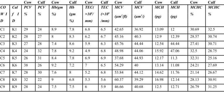 Table 1: Hematological values in  Cow and calf.                                               