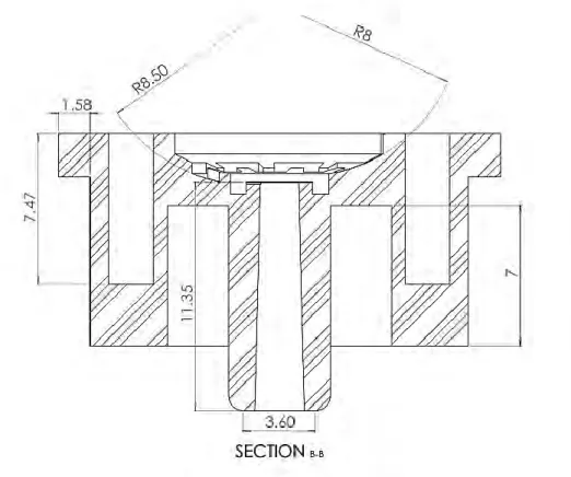 Figure 3.3 Cross-sectional view of the emitter E1 along the line B-B shown in Fig. 3.2