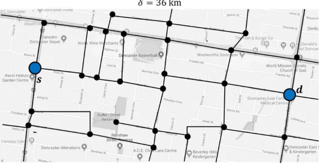 Figure 4.4: A small road network and an SR query for showing the simulations of Dir OA and  It OA 
