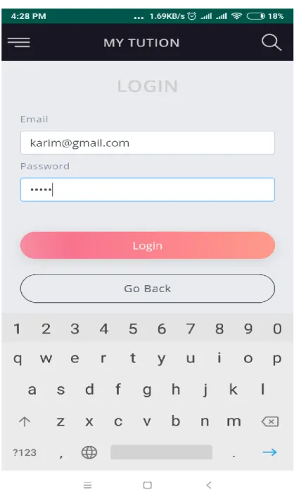 Figure 5.1.3 shows the implemented Login page. Here, the Login page of the app. We  can see here email and password edit text box