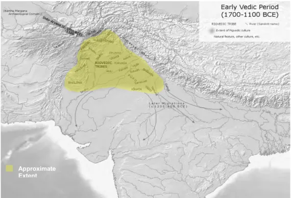 Figure 2.1 (a): Approximate extent of Vedic culture in the Early Vedic Period (1700-1100 BCE) Image Source: Wikipedia