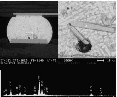 Figure 1.4  is an example of a  Cu 6 Sn 5   IMC needle in the bulk microstructure  of a  SAC alloy BGA solder joint