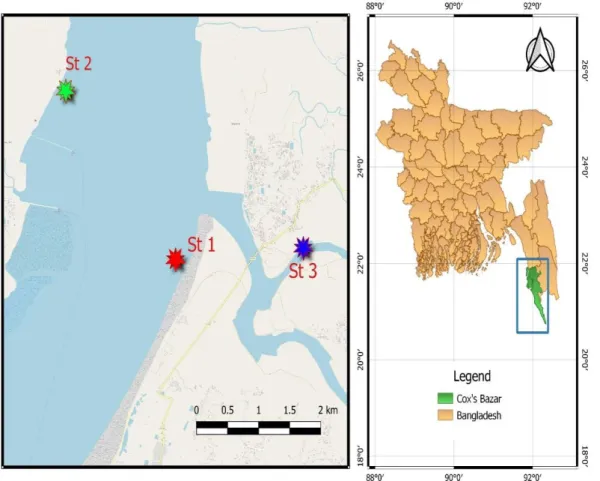 Figure 2. Location of the study area. Here, St 1, Khurushkul; St 2, Moheshkhali; St 3, 