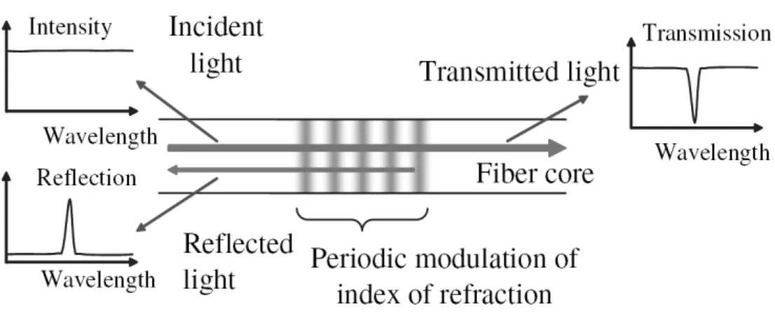 Figure 2.1: Fiber Bragg Grating, refractive index modulation and spectral response [10] 