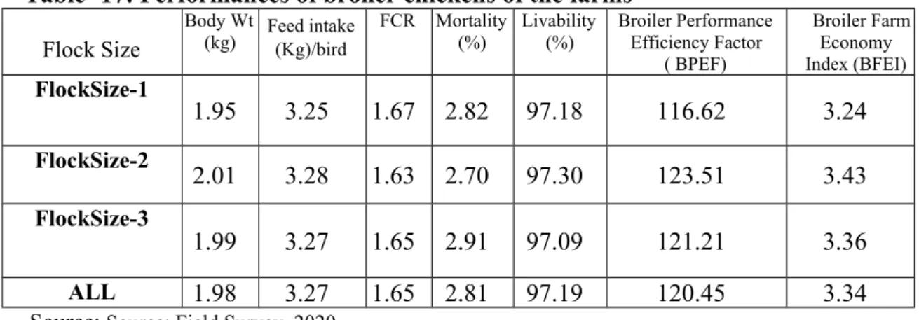 Table -17: Performances of broiler chickens of the farms Flock Size