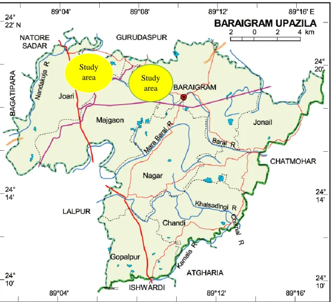 Figure 3.2: A map of Baraigram Upazila showing the study area 