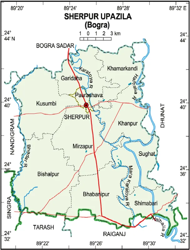 Figure 3.1 a map of  Sherpur upazila, Bogura 