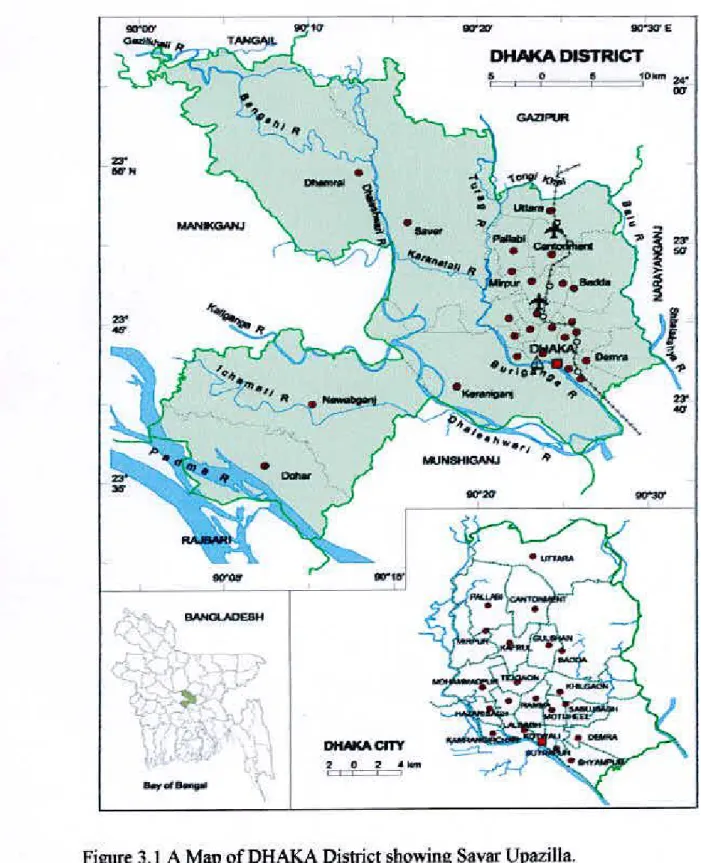 Figure 3.1 A Map of DRAKA District showing Savar lJpazilla. 